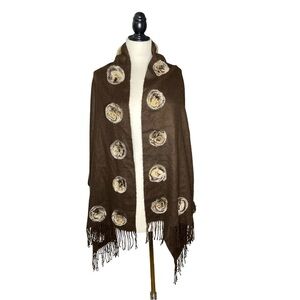Luxurious Escio Chocolate Fur Trim Rabbit Fur Pom Pom Trim Fringe Wrap Shawl